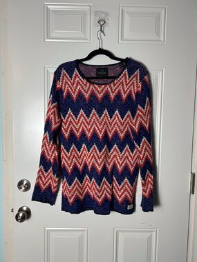 Scotch Soda Chevron Knit Crewneck Sweater - Blue/Red/White S Rolled Edges Hippie